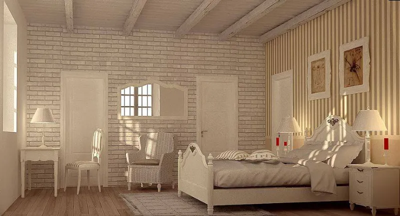 Camera da letto beige e bianca in stile shabby-chic