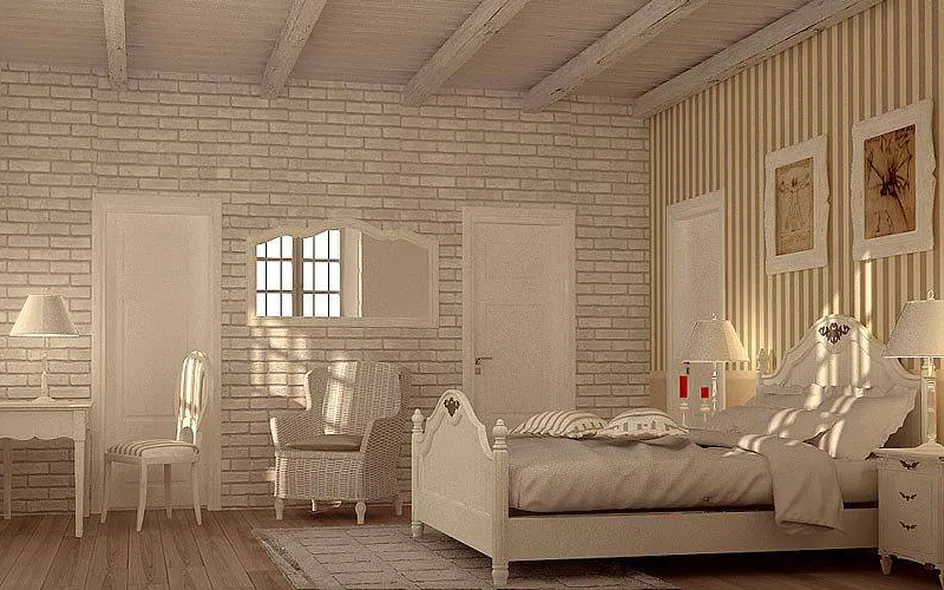 Camera da letto beige e bianca in stile shabby-chic