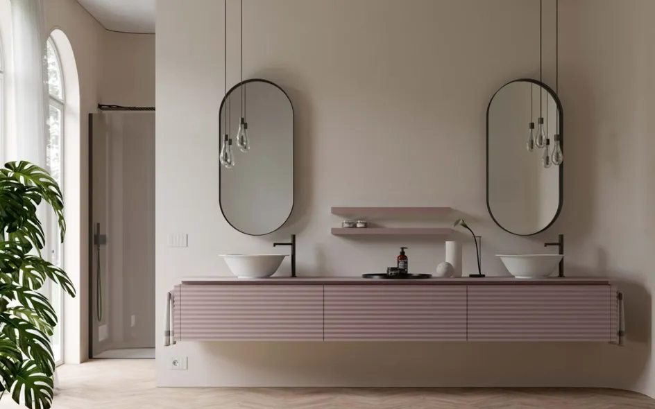 Collezione Dolcevita di Ideagroup, mobile sospeso con iconico motivo cannettato rivisitato in chiave moderna