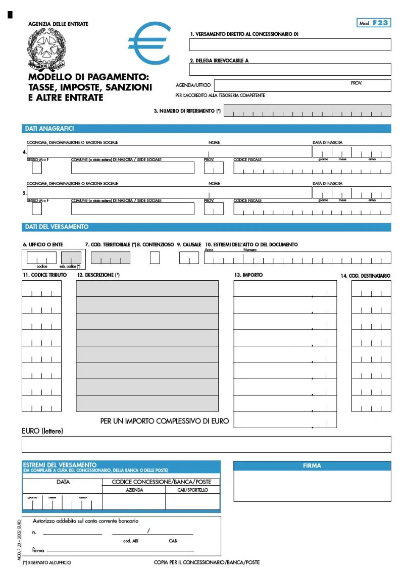 Modello F23 per il versamento dell'imposta di registro