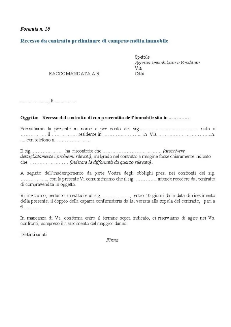 Modulo per il recesso di un contratto preliminare