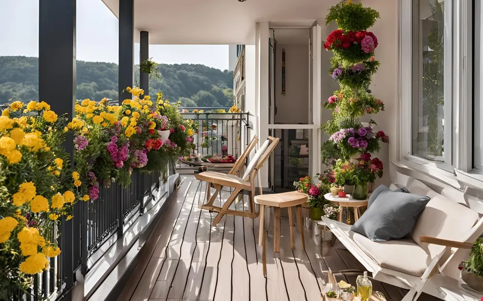 Arredi leggeri sul balcone fiorito