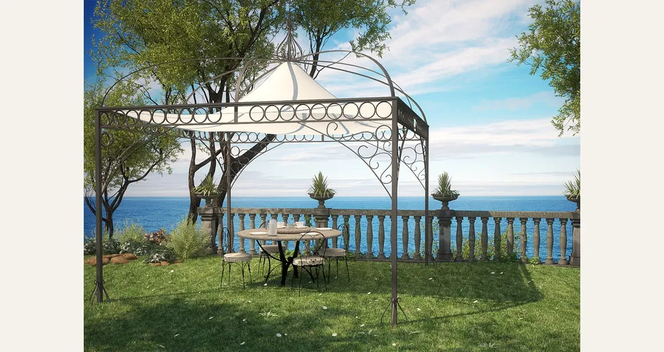 È in ferro zincato e verniciato a polveri color grafite il gazebo quadrato Unopiù con telo impermeabile bianco 