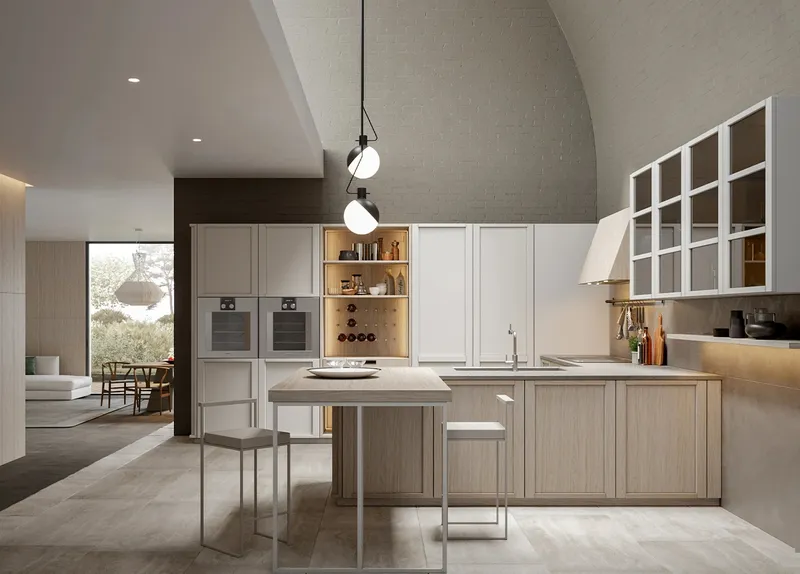 Illuminazione e dettagli per la cucina ad angolo in poco spazio (foto Illuminazione Scandola E06 Eclettica-Optima)