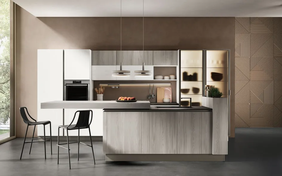 Stili e configurazioni della cucina bianca e legno (foto Cucina Lube Unica 13)