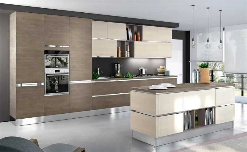 Cucina Oasi effetto rovere grigio/pino chiaro di Mondo Convenienza. Misure: 255x59x219 centimetri.