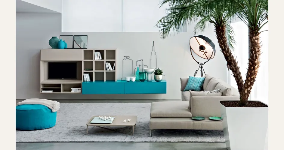 Parete attrezzata in grigio e azzurro