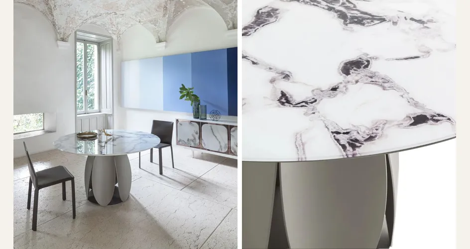 Tavolo con piano in vetro temperato e base in metallo Tulipano di Morica Design