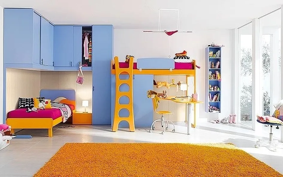 Cameretta con armadio a ponte per due bimbi e zona studio inclusa