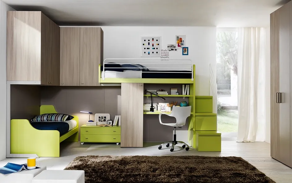 cameretta moderna con letto a soppalco