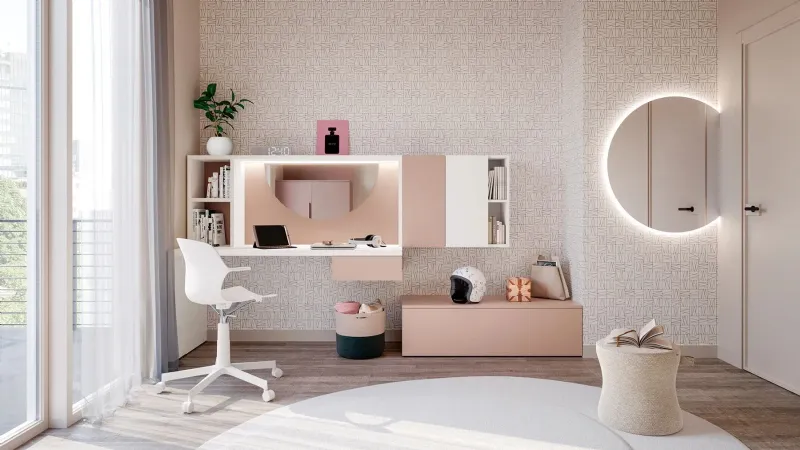 Layout 01B di Doimo Cityline: cameretta con angolo studio e vanity
