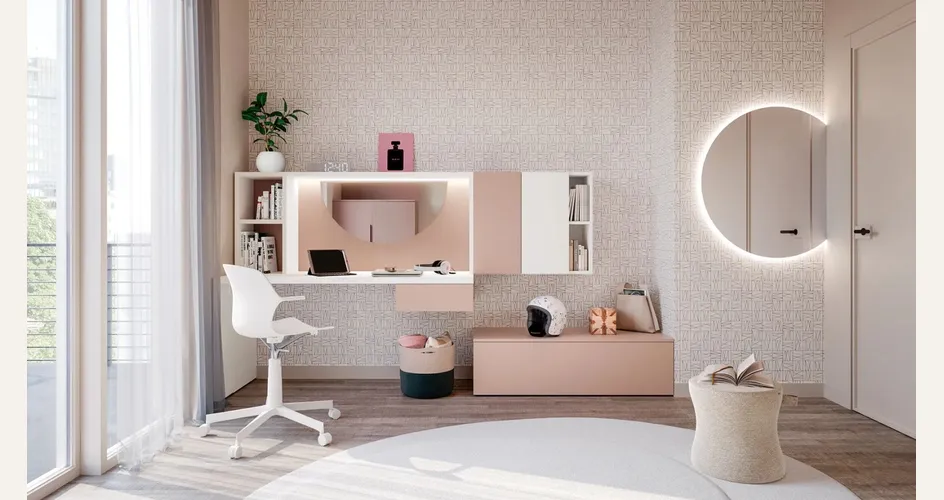 Layout 01B di Doimo Cityline: cameretta con angolo studio e vanity