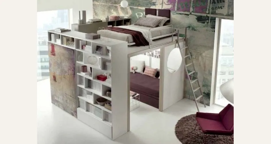 Letto a soppalco matrimoniale con libreria