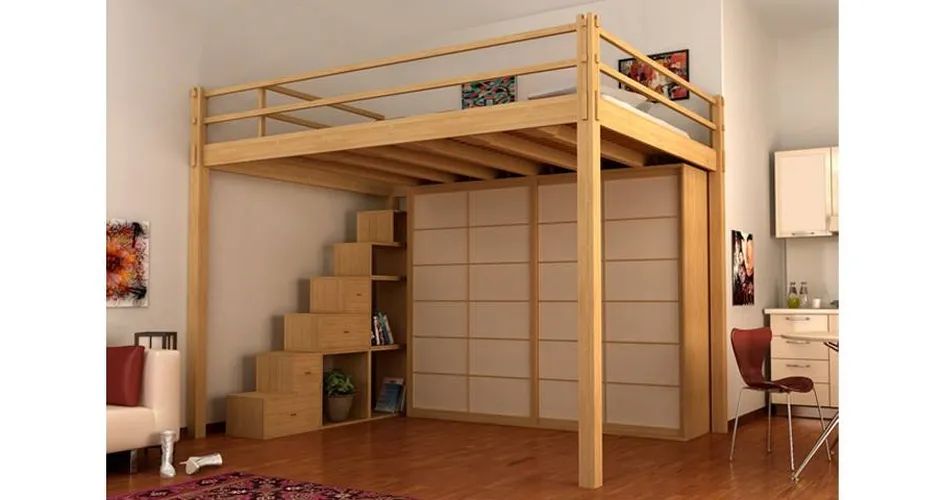 Letto matrimoniale a soppalco in legno