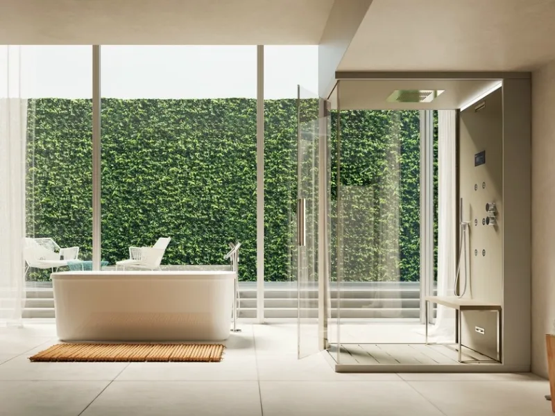 Vasca e doccia convivono in un bagno moderno